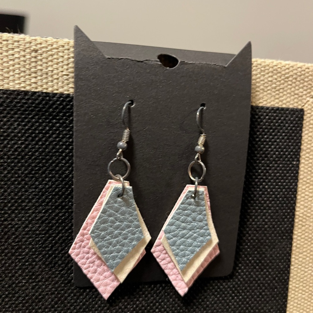 Hand Crafted Pink, Blue & Cream Layered Leather Geometric Earrings
